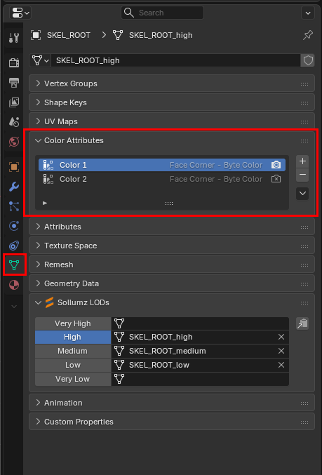 Blender Object Data Properties with the Color Attributes panel and its Color 1 and Color 2 entries highlighted