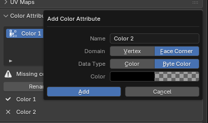 Blender Add Color Attribute dialog configured for Color 2 with Face Corner and Byte Color