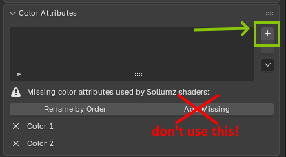 Blender Color Attributes panel with the plus button highlighted and Add Missing crossed out