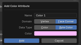 Blender Add Color Attribute dialog configured for an emissive Color 1 attribute