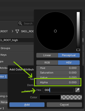 Blender color picker with the Hex field set to black and Alpha set to 0