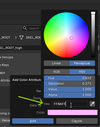 Blender color picker with the Hex field set to FFBAFF and Alpha set to 1