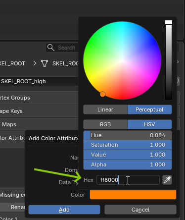 Blender color picker with the Hex field set to FF8000 and Alpha set to 1
