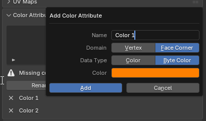 Blender Add Color Attribute dialog configured for Color 1 with Face Corner and Byte Color